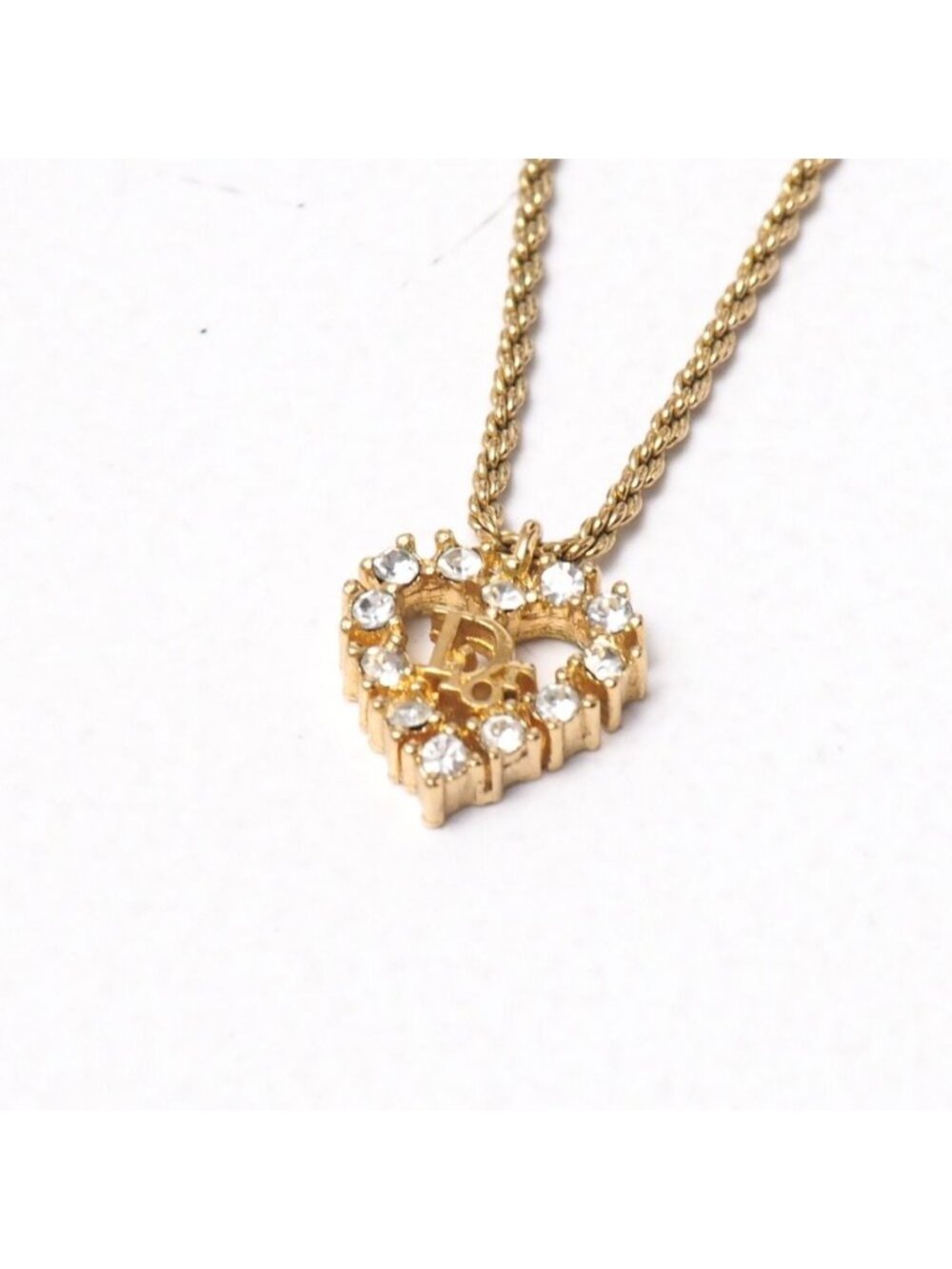 Dior Vintage Necklace Heart CD Logo Rhinestone Pave Costume Gold